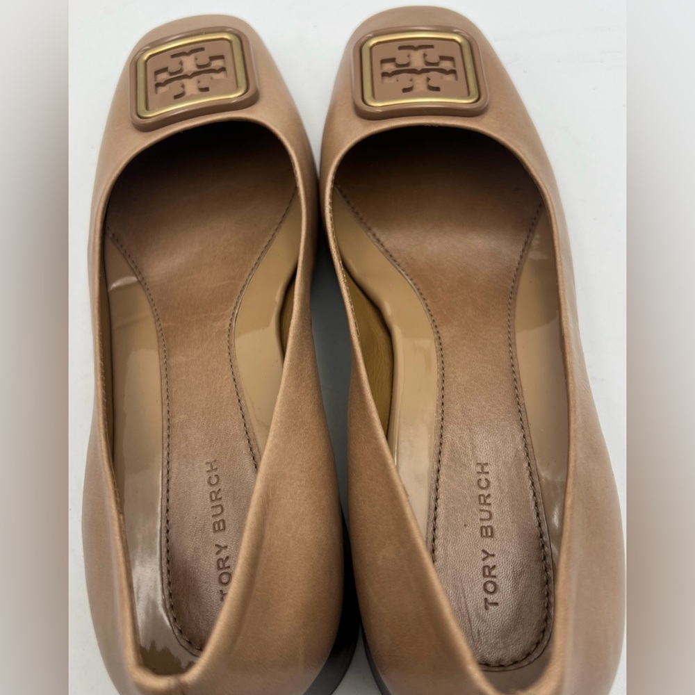 TORY BURCH Georgia Leather 35mm Pump Square Heel Almond Flour Women’s Size 8.5 - Picture 14 of 15